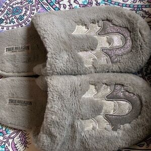 True Religion Silver and Gray Fuzzy Slippers